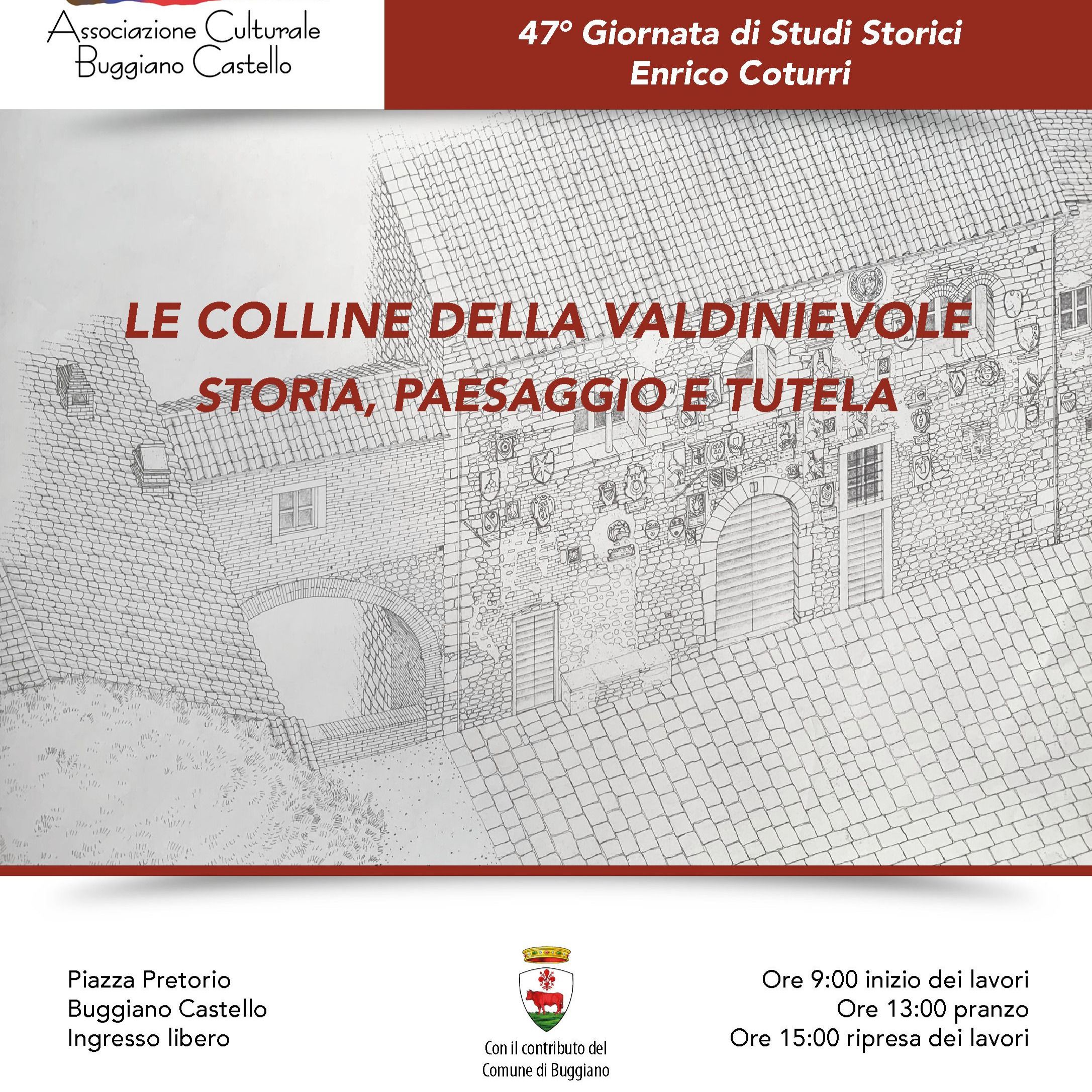 SABATO 6 GIUGNO dalle ore 9 presso il Palazzo Pretorio di Buggiano Castello si terrà la 47° Giornata di studi storici 'Enrico Coturri' Le colline della Valdinievole, storia, paesaggio e tutela. @visitbuggiano @comune_di_buggiano @bibliobuggiano 

Saluti istituzionali: 
Sindaco di Buggiano, Daniele Bettarini 
Assessore alla Cultura di Buggiano Cristina Barontini 
Presidente dell’Ass. Culturale Buggiano Castello APS Enrico Coturri
 Ore 9,00 Apertura dei lavori:
1. Introduzione: Rossano Pazzagli (Università del Molise): La collina come problema storico
2. Giampaolo Francesconi (Centro Italiano di Studi di Storia e d’Arte): Il Montalbano: una “collina uguale e diversa”. La costruzione storica di un paesaggio di frontiera
3. Alberto Malvolti (Associazione Ricerche Storiche Valdarno di Sotto): Le colline delle Cerbaie tra boschi e coltivi: le variazioni di un paesaggio
4. Alberto Maltoni (Università di Firenze): Castagneti da frutto: un paesaggio minacciato
5. Marco Milanese (Università di Sassari): Il decastellamento e le trasformazioni del paesaggio collinare della Valdinievole: dal Medioevo all’età moderna
6. Daniela Poli (Università di Firenze): Gli strumenti pattizi per il governo del territorio collinare: il distretto biologico del Montalbano
 Ore 13,00 Pausa pranzo (su prenotazione alla registarazione)
7. Claudio Rosati (Società italiana per la museografia e i beni demoetnoantropologici): La patrimonializzazione di un paesaggio
8. Paolo Vitali (Biblioteca Capitolare di Pescia): Colli e rilievi nell’iconografia della Valdinievole secoli XV-XIX. 
9. Conclusioni Leonardo Rombai (Università di Firenze)
Ore 18,00 Fine dei lavori
Coordinano le sessioni Rossano Pazzagli e Carlo Vivoli.