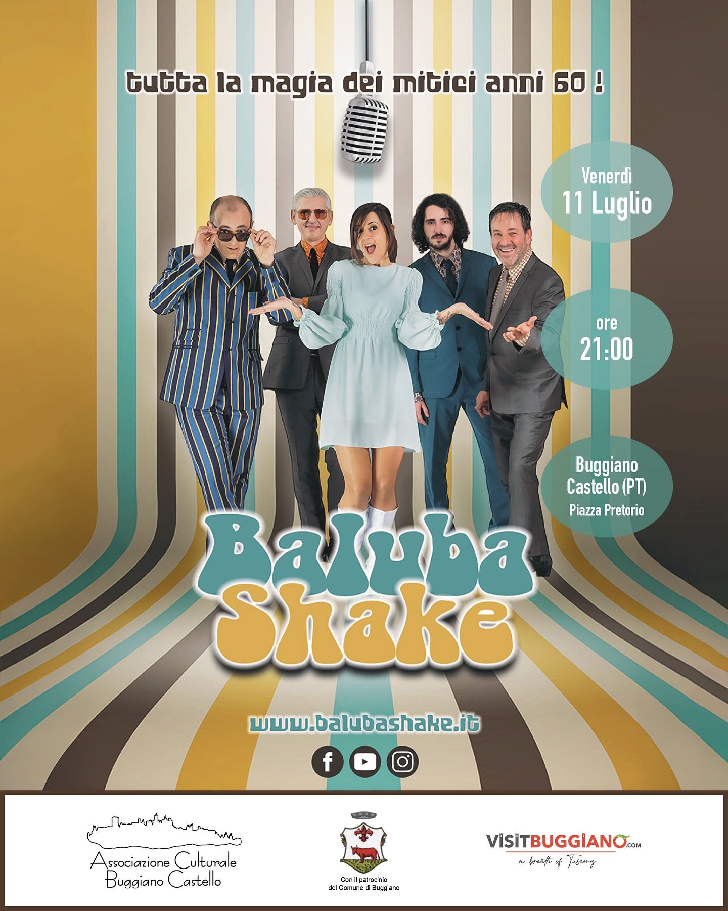 Venerdì 11 luglio dalle ore 21 in Piazza Pretorio a #BuggianoCastello tornano le atmosfere degli anni ‘60 con lo spettacolo e la musica del gruppo @balubashakeband 
Siete pronti a divertirvi e ballare tutta la sera? 
@visitbuggiano